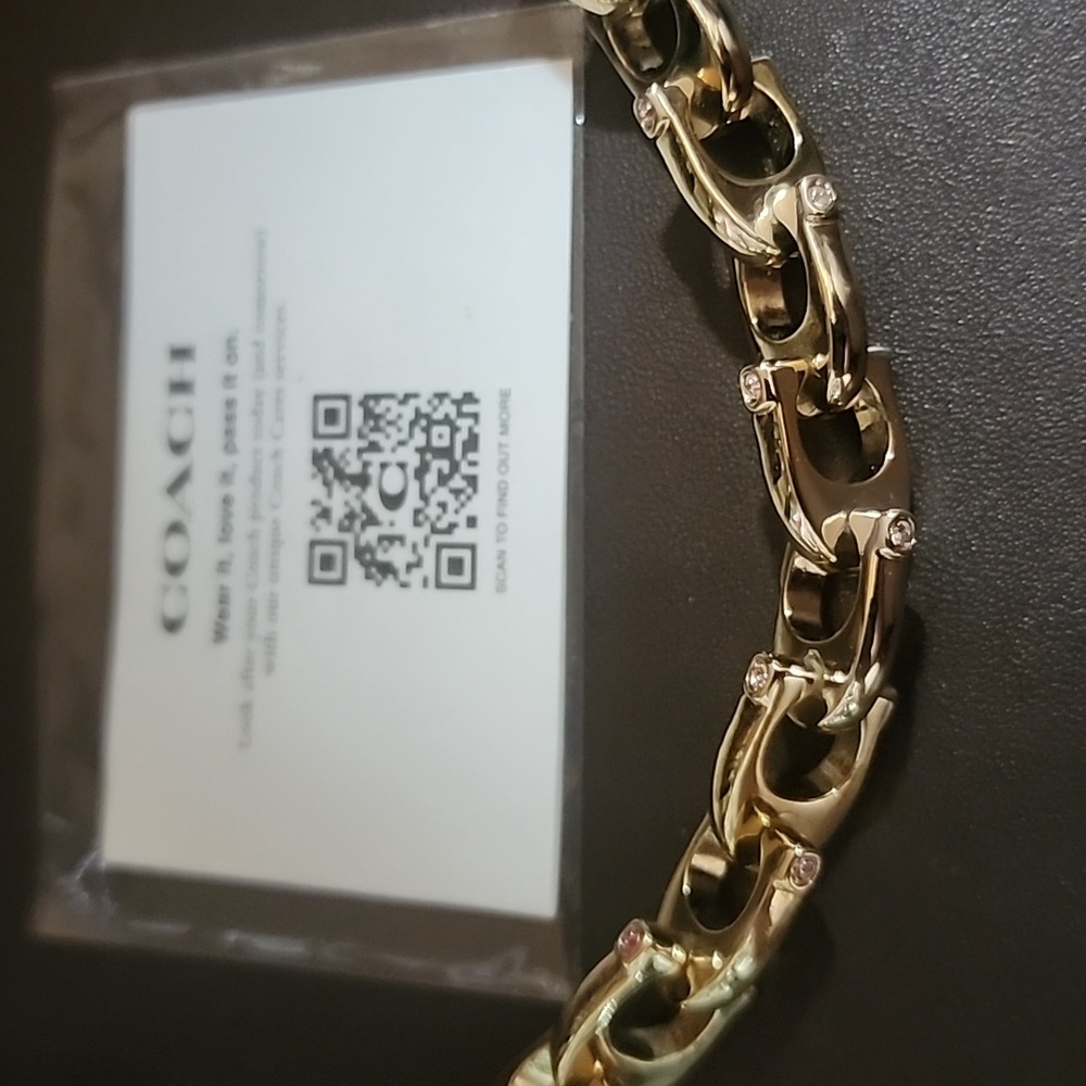 Coach Chunky Gold Cs Necklace Adorned with Pink Stones Like New w/dusty - Picture 5 of 11